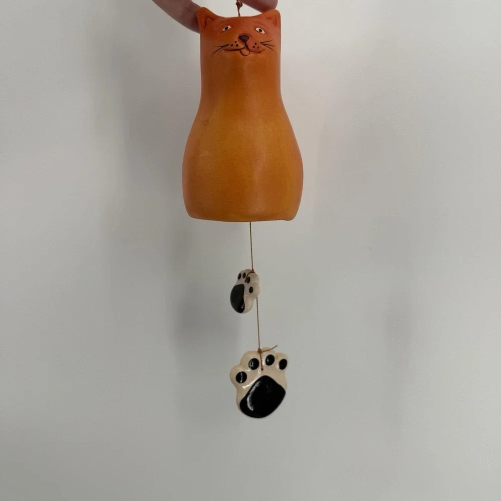Clay Hand painted Orange Cat Figure & Paws Wind Chime Hanging Decor 2 FT‎